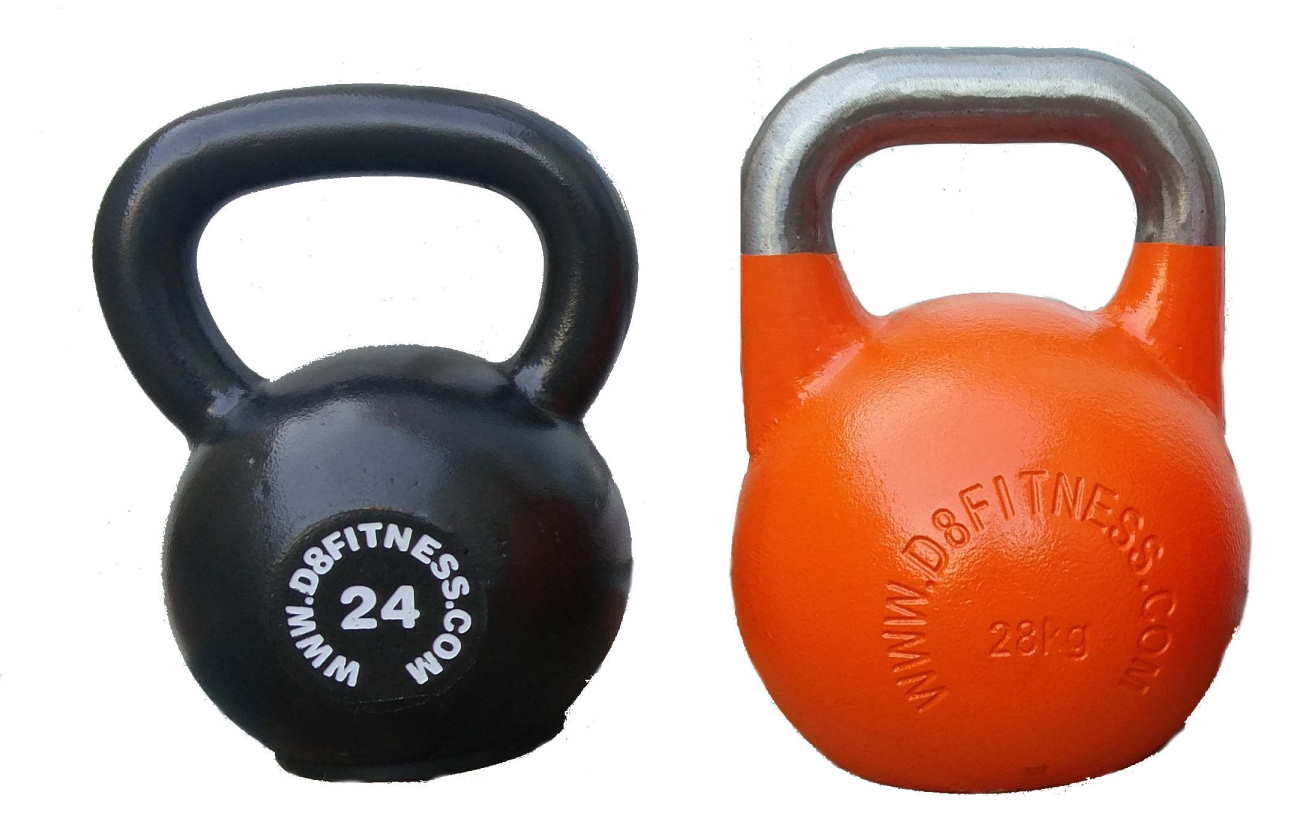 A cast iron and a competition kettlebell side by side